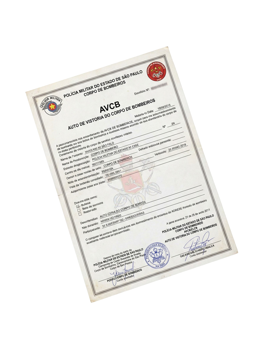 Certificado AVCB do Corpo de Bombeiros emitido após vistoria técnica